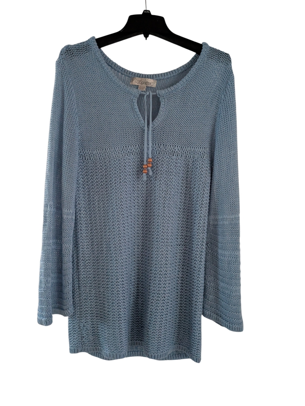 Bydesign Women’s Light Blue Open-Knit Tie-Neck Tunic Sweater Size XL